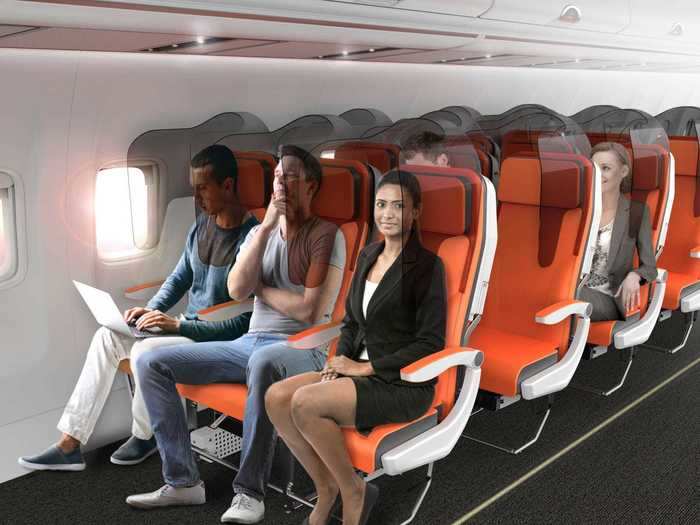 One idea envisioned by the firm to achieve social distancing in the skies is the "Glassafe" seat.