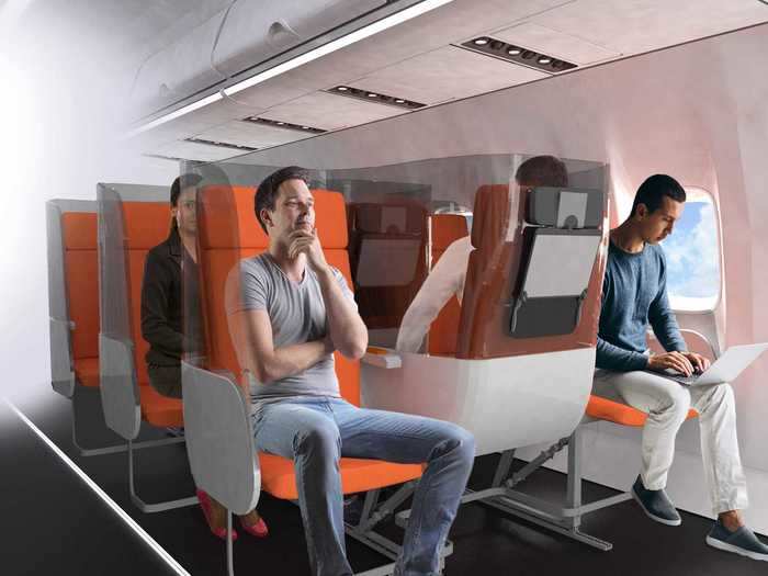 Another Aviointerior idea to achieve airborne social distancing is the "Janus Seat."