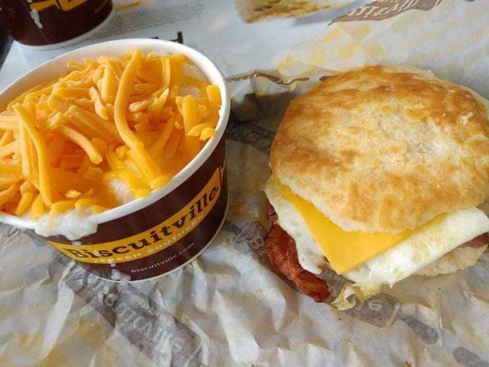 Biscuitville is known for its breakfast sandwiches served on warm, buttery biscuits.