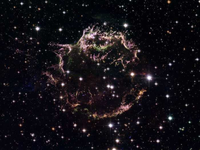 The colorful Cassiopeia A is a supernova remnant in the Cassiopeia constellation.