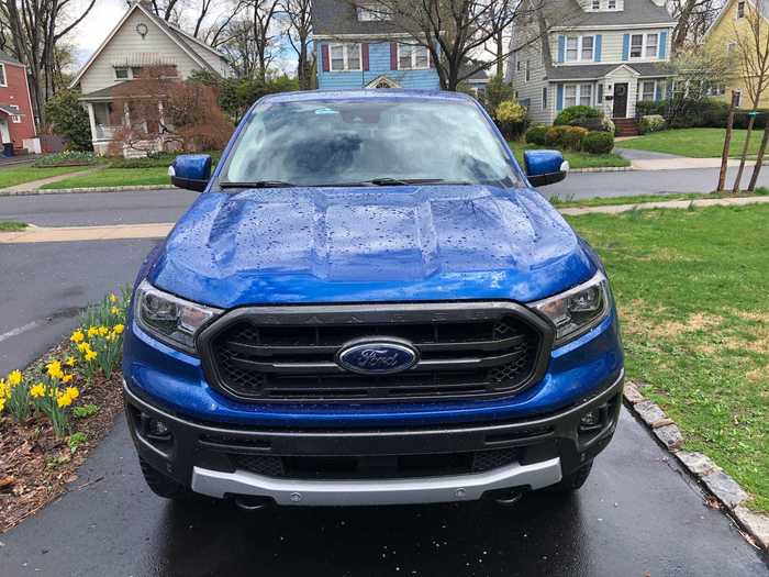 The Ranger is a handsome pickup, especially in "Lightning Blue." The Blue Oval and the Ranger nameplate share space on the blacked-out grille.