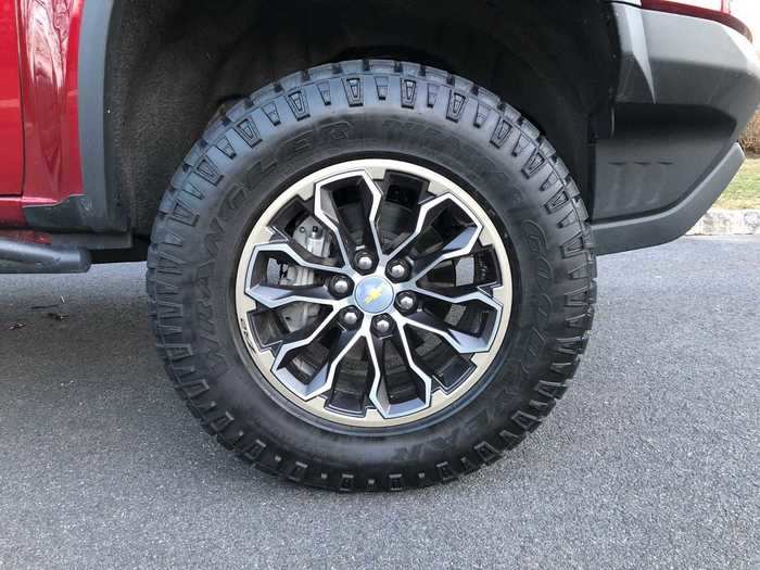 My ZR2 had some sweet knobby tires and 17-inch aluminum wheels.The Colorado ZR2 is a proper, lifted, four-wheel drive upgrade. Still a pickup, however. Check out those leaf springs in the rear suspension.