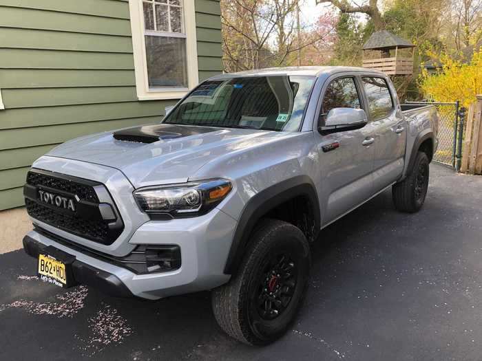 Now for the 2017 Toyota Tacoma TRD Pro! The paint job is "cement." Our 4x4 double-cab tester tipped the cost scales at $44,814, with just a few grand in options over the unadorned version the the truck. The base Tacoma comes in at about $25,000.