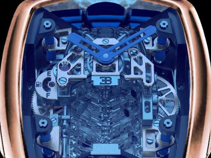 If you look closely, you can see that the power-reserve indicator on the left-hand side of the watch is shaped like a fuel gauge. The Bugatti Chiron Tourbillon doesn