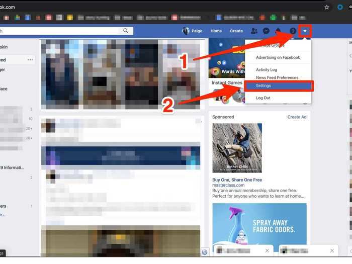 From the main page of your Facebook account, click arrow in the top-right of your menu bar and select Settings from the drop-down menu.