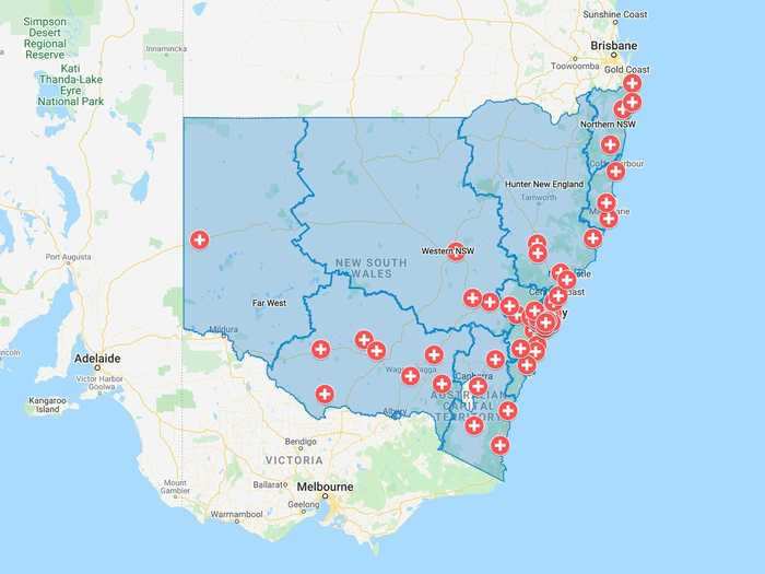 The Ministry of Health in New South Wales, Australia, plotted all its COVID-19 clinics on a map.