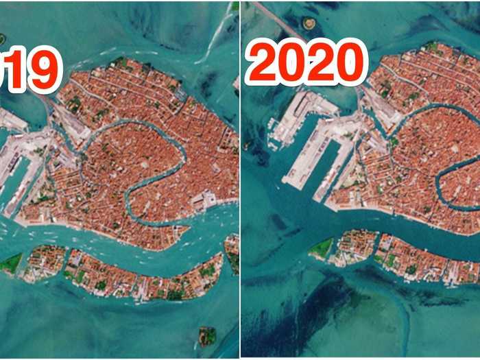 Satellite images released by the European Space Agency show just how much boat traffic has been reduced in Venice.