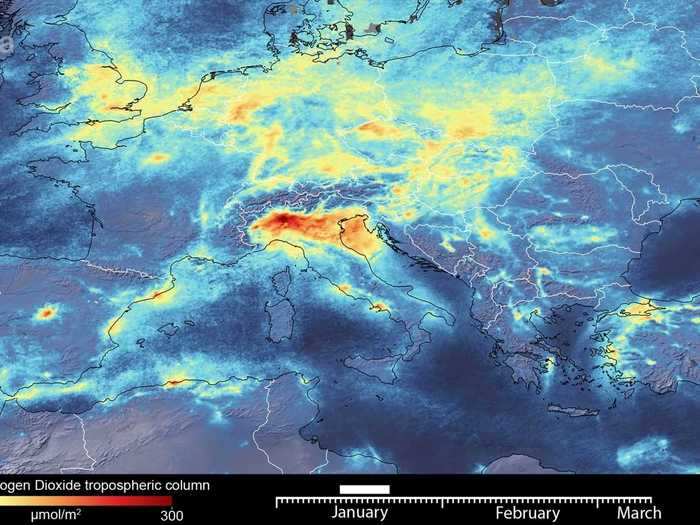 Air quality in Italy has, however, improved since the country went on lockdown. Pictures by European Space Agency satellites reveal a noticeable decline in air pollution, specifically nitrogen dioxide concentrations, and particularly over northern Italy. Here