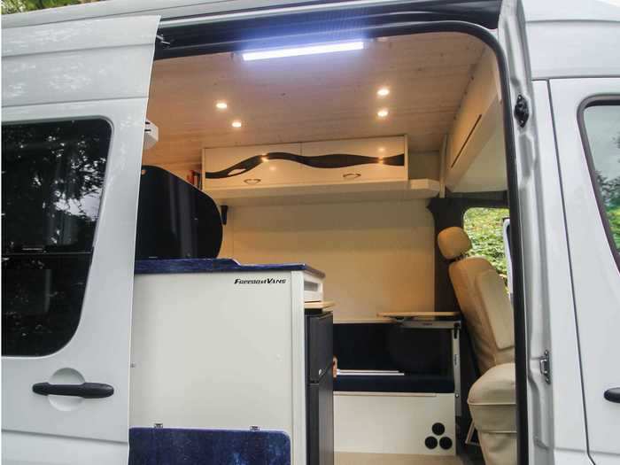 There are also lights to brighten both the interior and exterior of the van, including a reading light, storage lights, and exterior light bar.