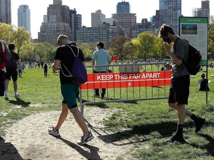 But it appeared as if New Yorkers — some of who wore masks — were following the social-distancing measures as much as possible.