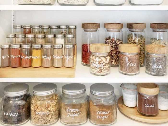 Decant nuts, pasta, and other dry foods in spare clear jars.