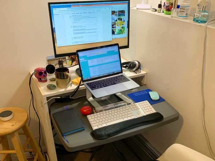 Alli Guerra, a branded content producer who lives in Brooklyn, uses a desk her girlfriend fashioned out of spare shelves.