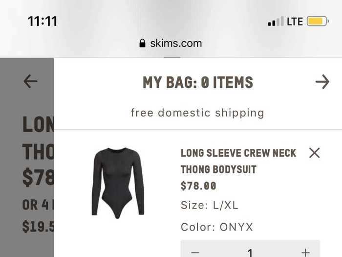 After deciding on the L/XL size, I added the bodysuit to my cart, which brought my total to $78.