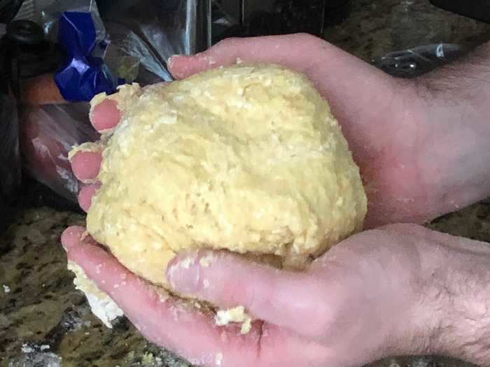 As the egg and flour combined, it slowly started to resemble a very sticky dough.