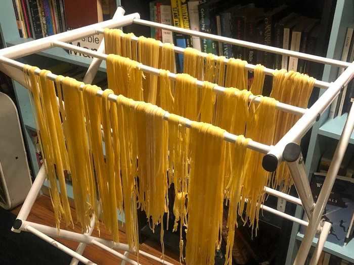 Once the pasta was cut, I had to find a place to let the noodles hang and dry, so I improvised.