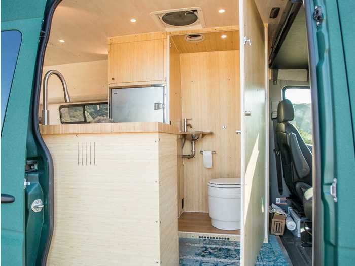 The tiny home’s bathroom includes a dry flush toilet and a custom sink created by Kuttner.