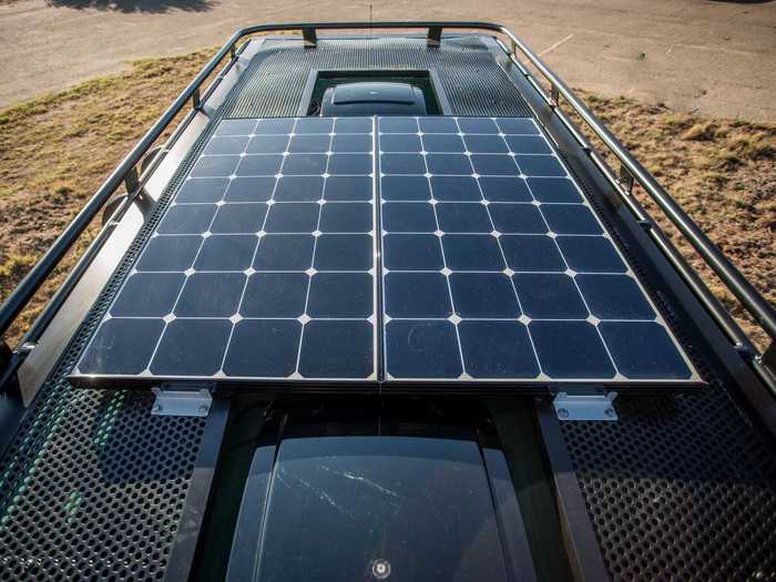 All of these components are powered by the 200 watts of solar energy supplied by the solar panels on the roof, as well as a 225-amp hour battery that