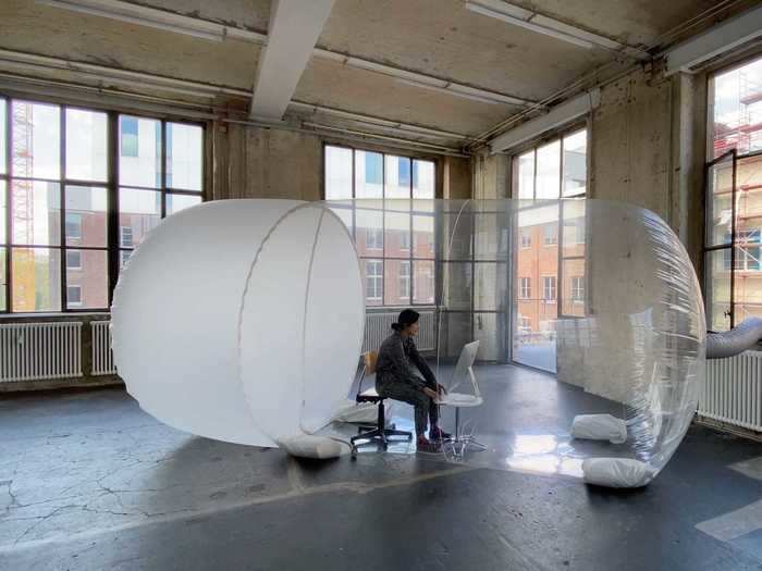 Inside is the care unit, the transparent plastic room where doctors can stay protected while seeing patients. The unit is 13 feet by 26 feet, and multiple care units can be attached.