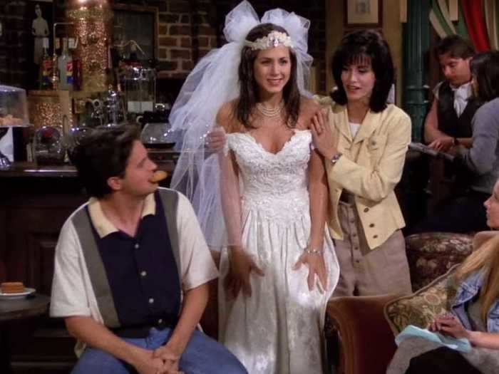 Rachel Green made her series debut in a wedding dress.