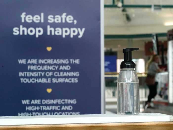 Hand sanitizer stations at The Woodlands Mall in The Woodlands, Texas, which reopened Tuesday, emphasized the frequency of cleanings.