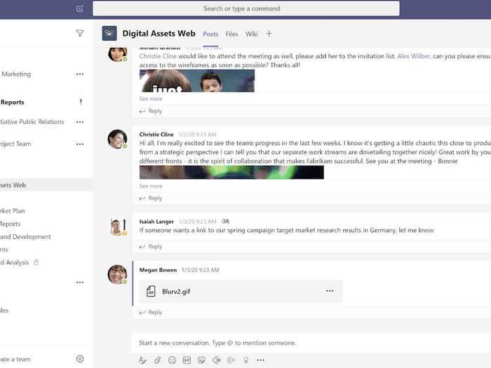 Microsoft teams gives employees the ability to video conference, chat, share documents, and host live events.