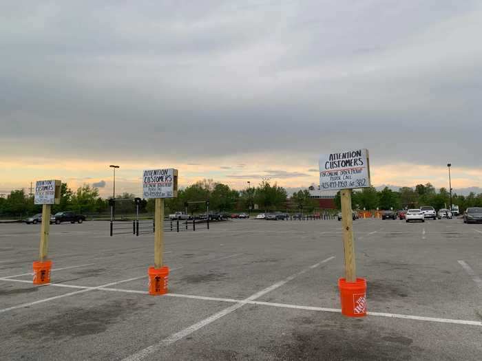 A Home Depot location also used handwritten signs to expand its curbside pickup program, despite having an essential business designation that allows it to stay open. The store only had two parking spots permanently allocated for its curbside pickup program.