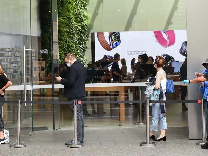 Apple customers social distance in a line outside the Apple Store at Bondi Junction on May 07, 2020, in Sydney, Australia.