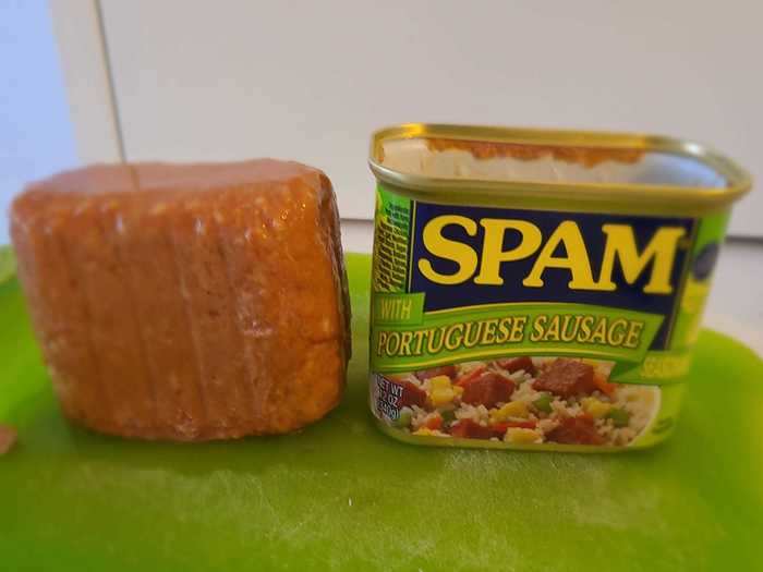 The Spam with Portuguese sausage seasoning smells like my favorite soup, which is a good sign.