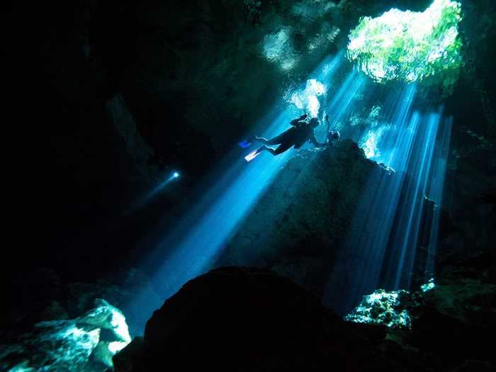 A diver swims through a sunbeam in the Cenote Taj Mahal in Quintana Roo, Mexico.