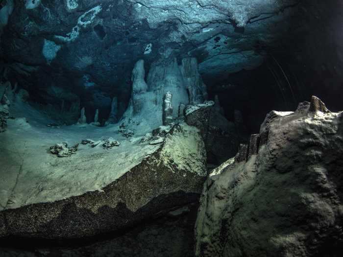 An underwater cave with "fairy chimneys" is seen in Hatay, Turkey.