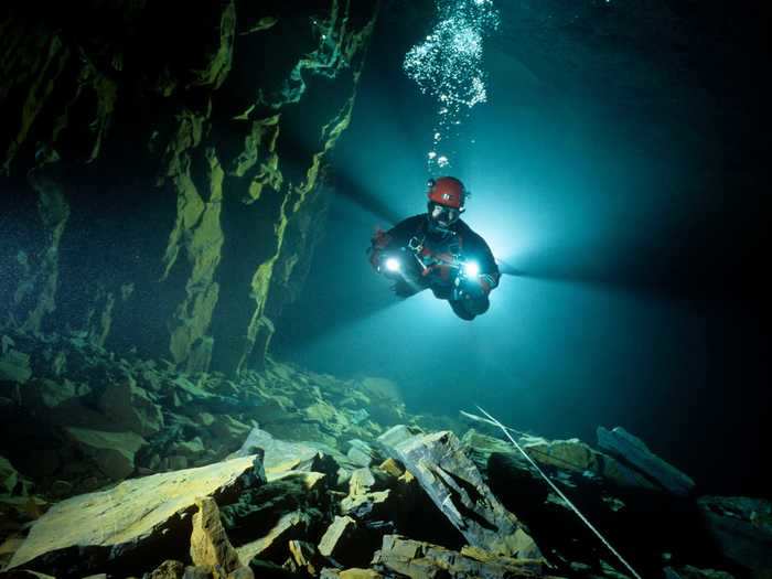 In Neath Valley, South Wales, the Dinas Rock Silica Mine is also home to mysterious underwater caves.