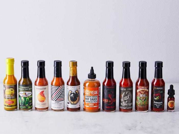 Hot sauces ranging in heat level from "mellow" to "evil"