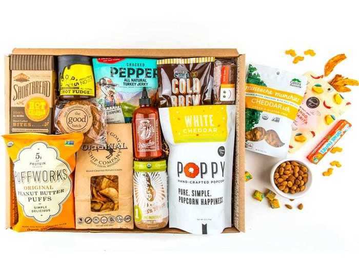 A crate full of sweet and savory snacks