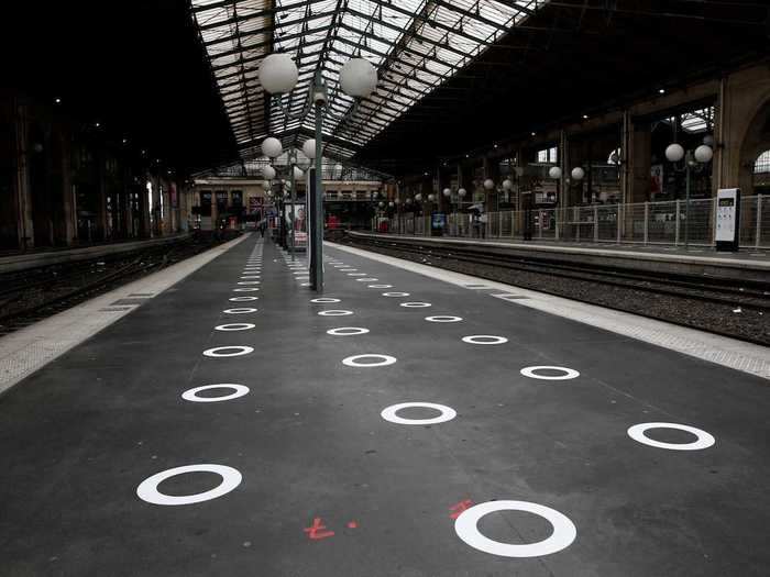 The floor markers have been used on train platforms, to ensure people stand 6-feet apart while waiting for their train.