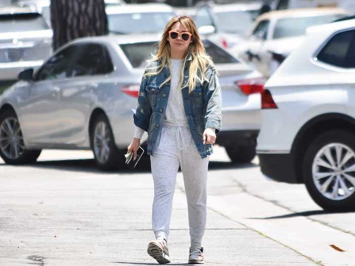 In Los Angeles, Hilary Duff was seen walking through a parking lot in grey sweatpants.