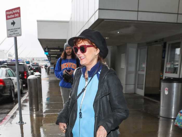 At the Los Angeles International Airport, Susan Sarandon sported a sweatsuit, a jacket, and a hat.