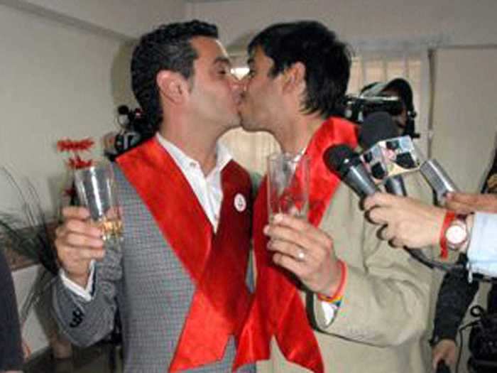 Jose Maria Di Bello and Alex Freyre, in Argentina, became the first gay couple to wed in all of Latin America in 2009 after a series of legal battles. But this was fiercely criticized, with images of the couple kissing featured on many protest posters.