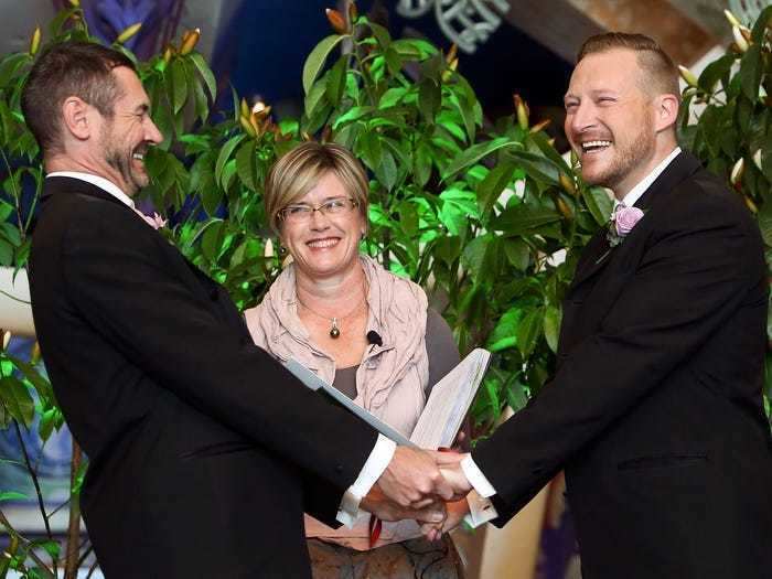 Next was New Zealand, which legalized gay marriage in 2013. Among the first to marry was this Australian couple, who had won an all-expenses-paid wedding trip from the New Zealand tourist board.