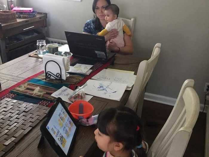 The mom of two talked with her managers early on about juggling child care with remote work. She said her employers are incredibly supportive of her working flexible hours when needed.