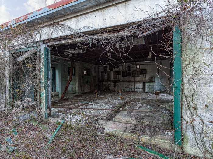 The generator building, like most of the buildings on the property, has been completely overgrown.