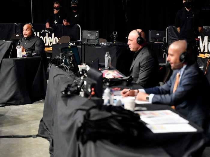 UFC commentators Dan Cormier, Joe Rogan, and Jon Anik were kept on separate broadcast tables to honor social distancing.