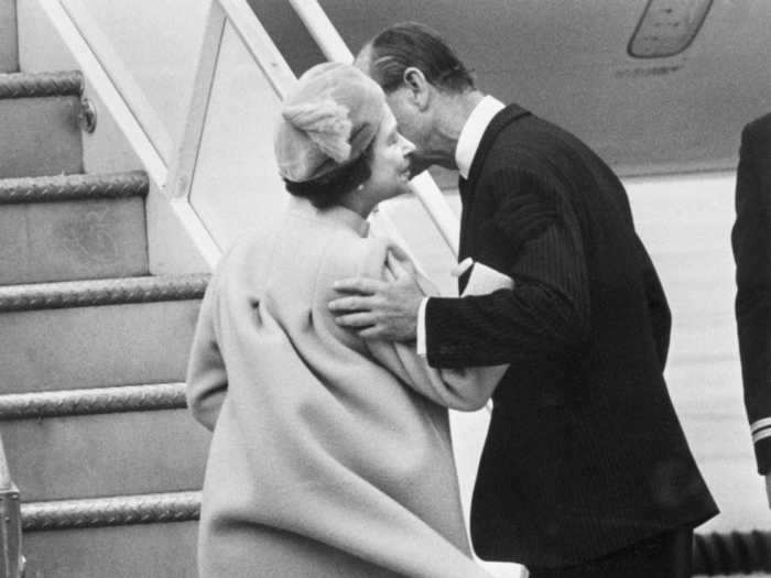 Prince Philip saw Queen Elizabeth off with a kiss on the cheek as she boarded a plane in 1982.