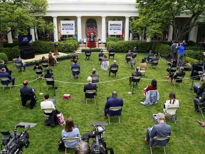 Reporters are now spread further apart during the press briefings and nearly every reporter has chosen to wear a face mask.