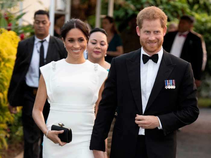 In 2018, Meghan and Harry dressed up in coordinating black-and-white looks to attend a state dinner in Tonga.