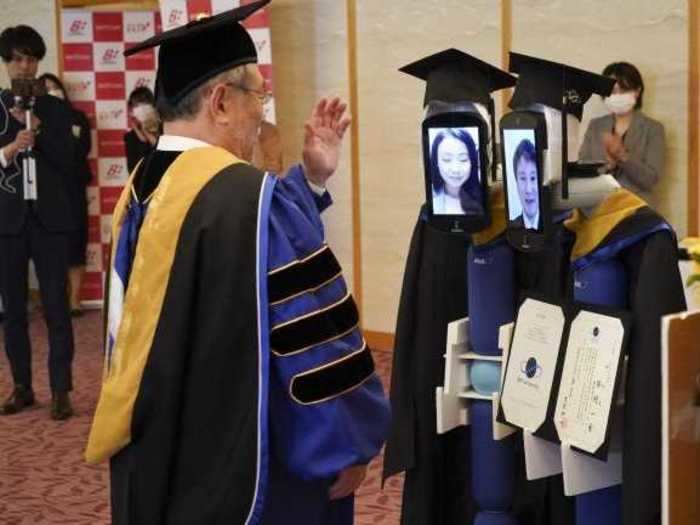 Designed by OhmniLabs, "Newme" robots have tablets attached to them where each student is in attendance via a Zoom call.