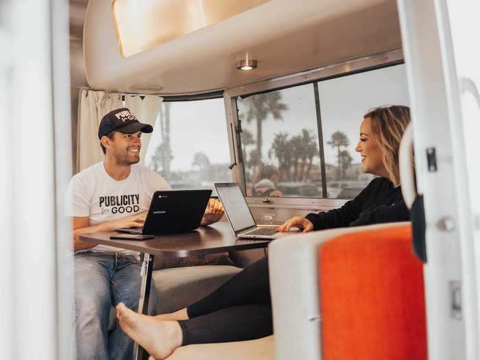 Heather DeSantis and her fiancé Aaron Holmes, who live and work together in a 23-foot Airstream, told Insider that they typically spend an hour or two a day planning their next stop.