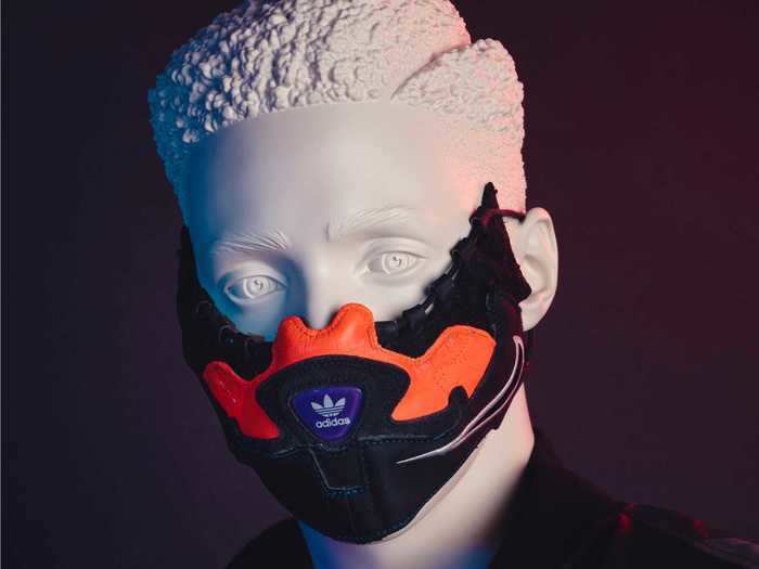 The first mask in the collection was made from pieces of the Adidas Falcon W, the Nike Jordan Max Aura, and the Nike Air Edge Essential.