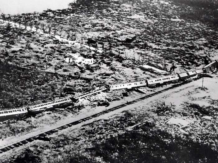 The winds were so powerful that they swept an 11-car passenger train off its tracks.