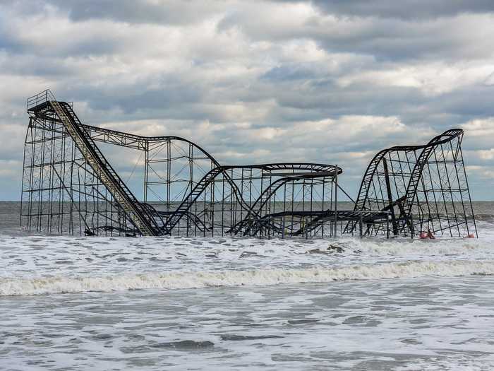 The winds were so strong that it pushed the Jet Star roller coaster off its pier.