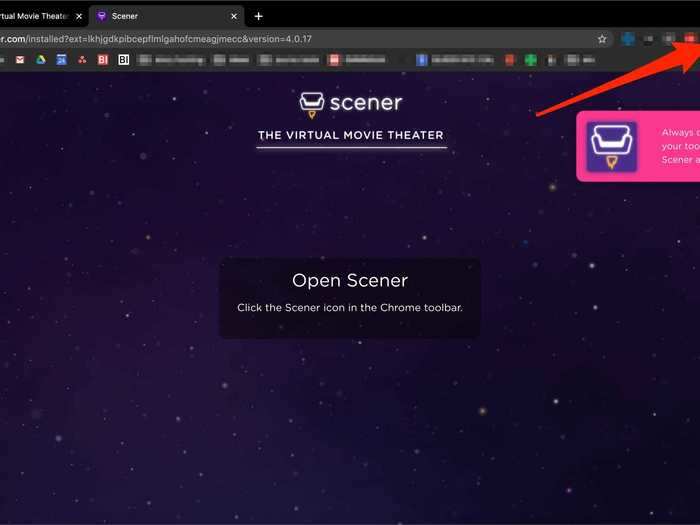 Once your account is created, click on the Scener icon to launch the co-watching extension.